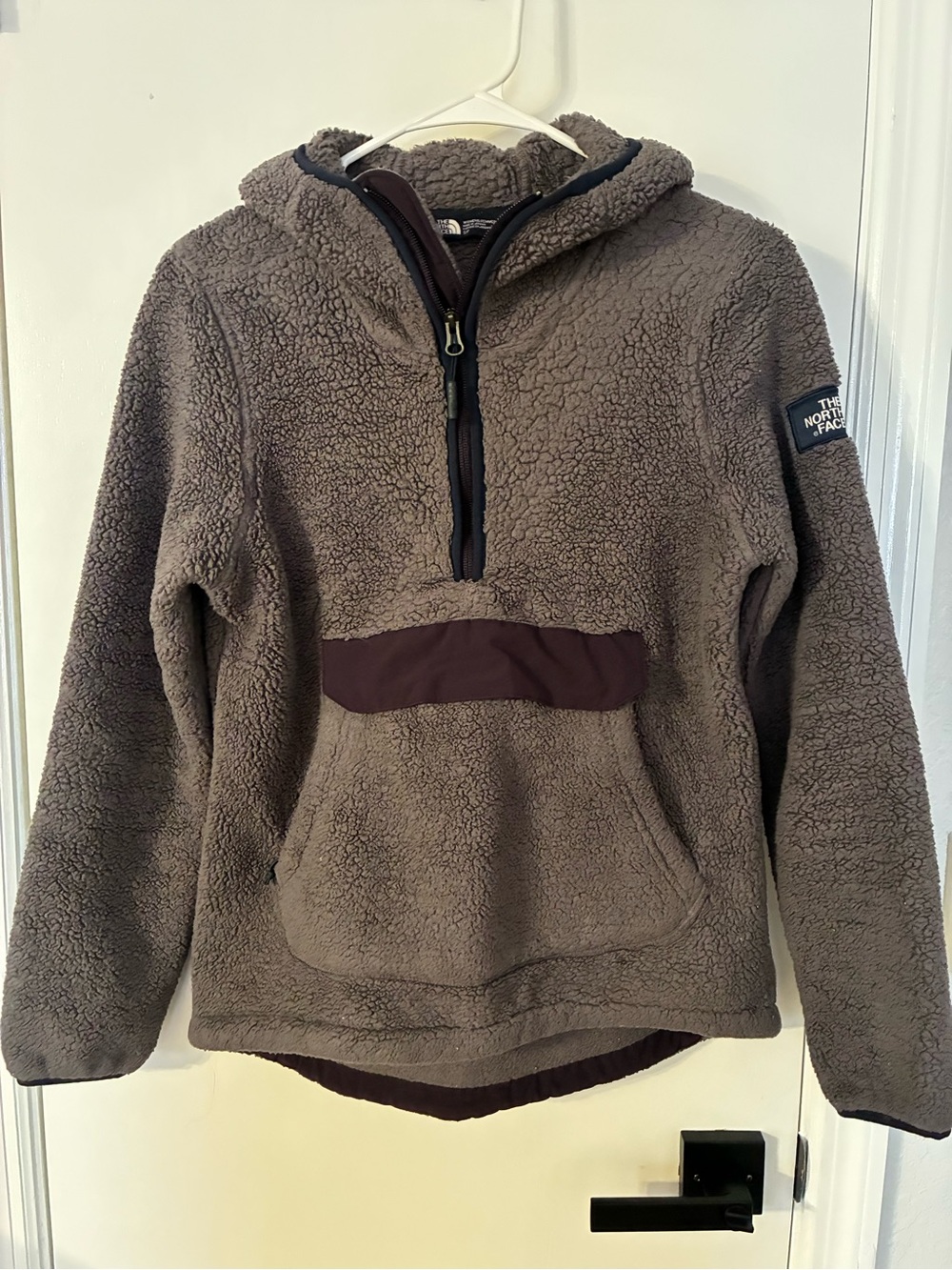 The North Face Gray Sherpa Hooded Pullover Jacket with Black Trim